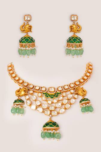 Gold plated kundan green stones necklace set