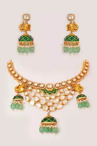 Gold plated kundan green stones necklace set