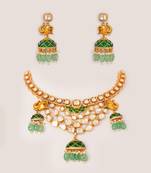 Gold plated kundan green stones necklace set