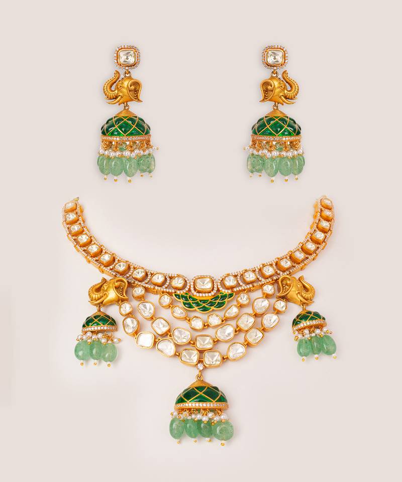 Gold plated kundan green stones necklace set