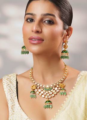 Gold plated kundan green stones necklace set 2