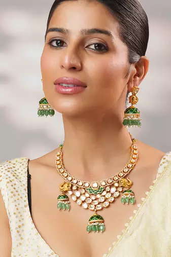 Gold plated kundan green stones necklace set