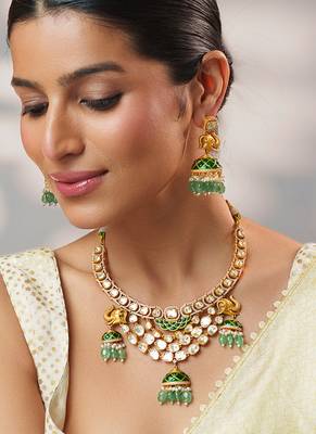 Gold plated kundan green stones necklace set 3