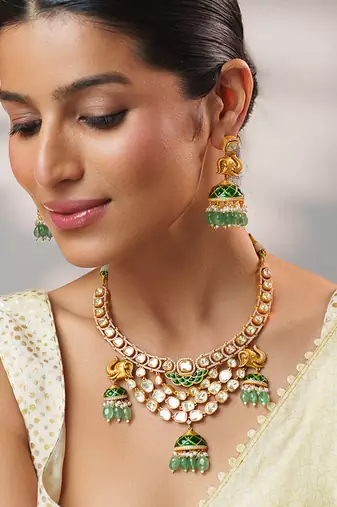Gold plated kundan green stones necklace set