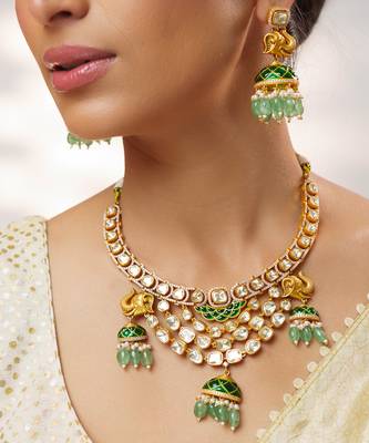 Gold plated kundan green stones necklace set 4