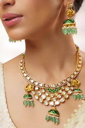 Gold plated kundan green stones necklace set