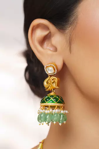Gold plated kundan green stones necklace set