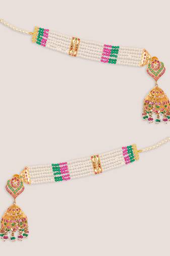 Gold plated kundan multicolor stones dangler earrings with ear chain