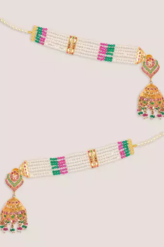 Gold plated kundan multicolor stones dangler earrings with ear chain