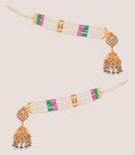 Gold plated kundan multicolor stones dangler earrings with ear chain