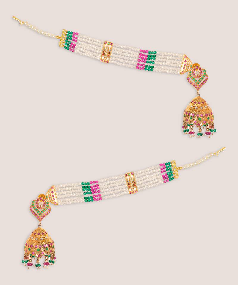 Gold plated kundan multicolor stones dangler earrings with ear chain