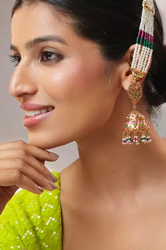 Gold plated kundan multicolor stones dangler earrings with ear chain