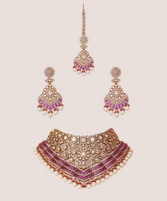 Two tone Plated kundan pink stone necklace set 1