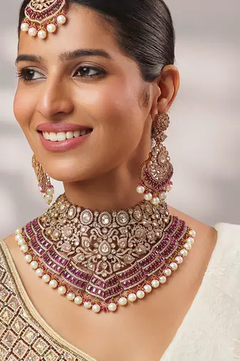 Two tone Plated kundan pink stone necklace set