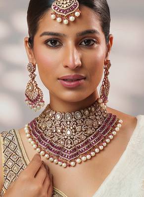 Two tone Plated kundan pink stone necklace set 3