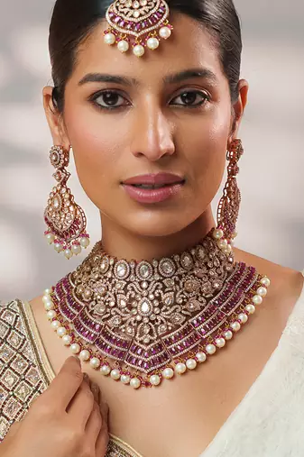 Two tone Plated kundan pink stone necklace set