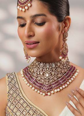 Two tone Plated kundan pink stone necklace set 4