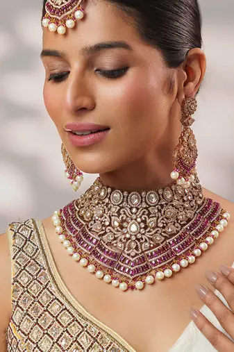 Two tone Plated kundan pink stone necklace set