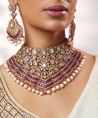 Two tone Plated kundan pink stone necklace set 5