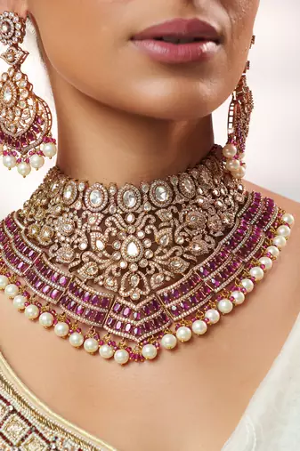 Two tone Plated kundan pink stone necklace set