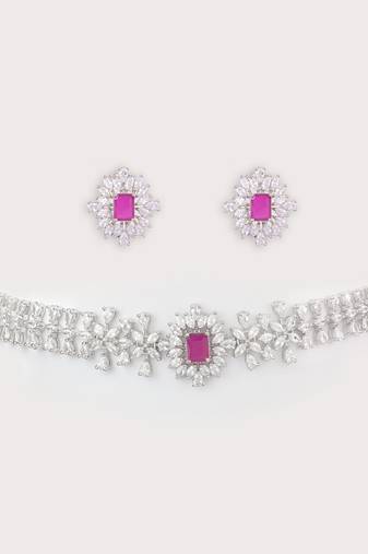 Silver plated kundan pink stones choker necklace set