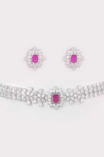 Silver plated kundan pink stones choker necklace set