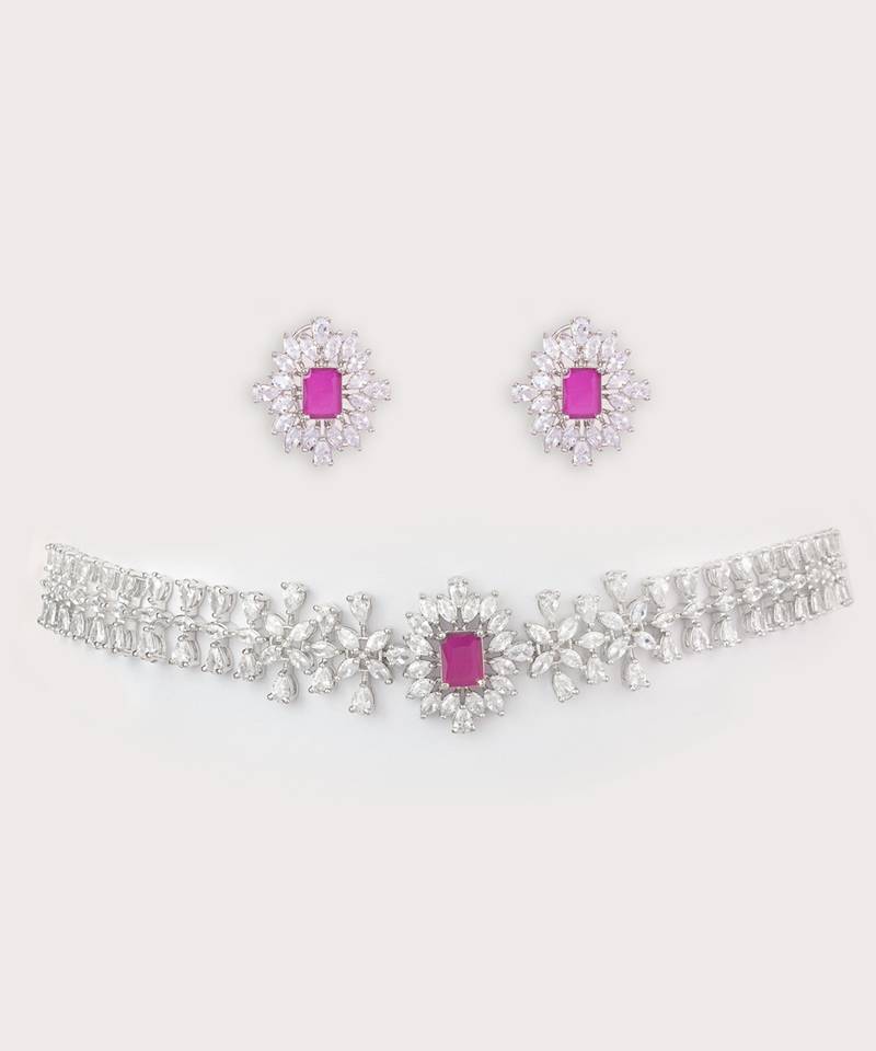 Silver plated kundan pink stones choker necklace set