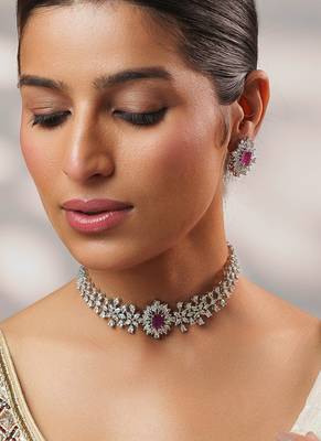 Silver plated kundan pink stones choker necklace set 2