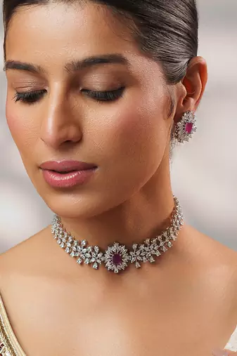 Silver plated kundan pink stones choker necklace set