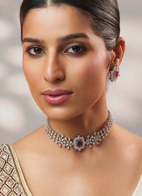 Silver plated kundan pink stones choker necklace set 3