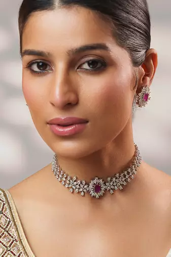 Silver plated kundan pink stones choker necklace set