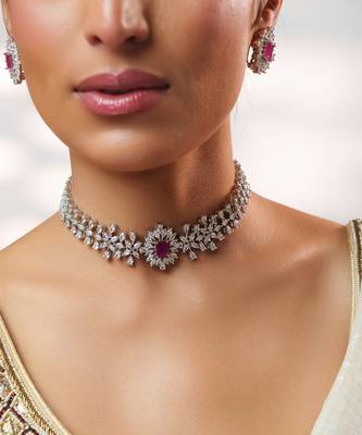 Silver plated kundan pink stones choker necklace set 4