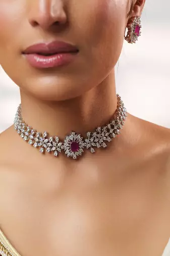 Silver plated kundan pink stones choker necklace set