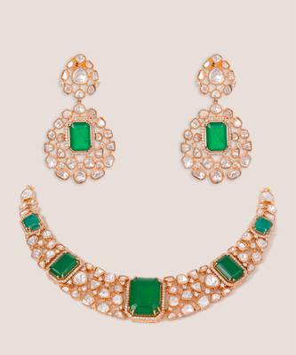 Gold plated kundan Green stones necklace set 1