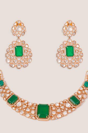 Gold plated kundan Green stones necklace set