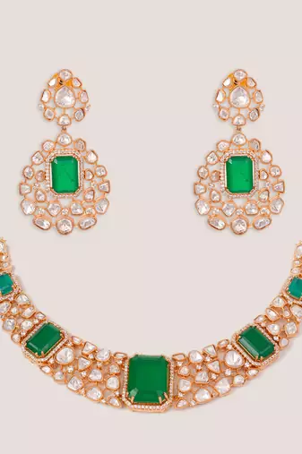 Gold plated kundan Green stones necklace set