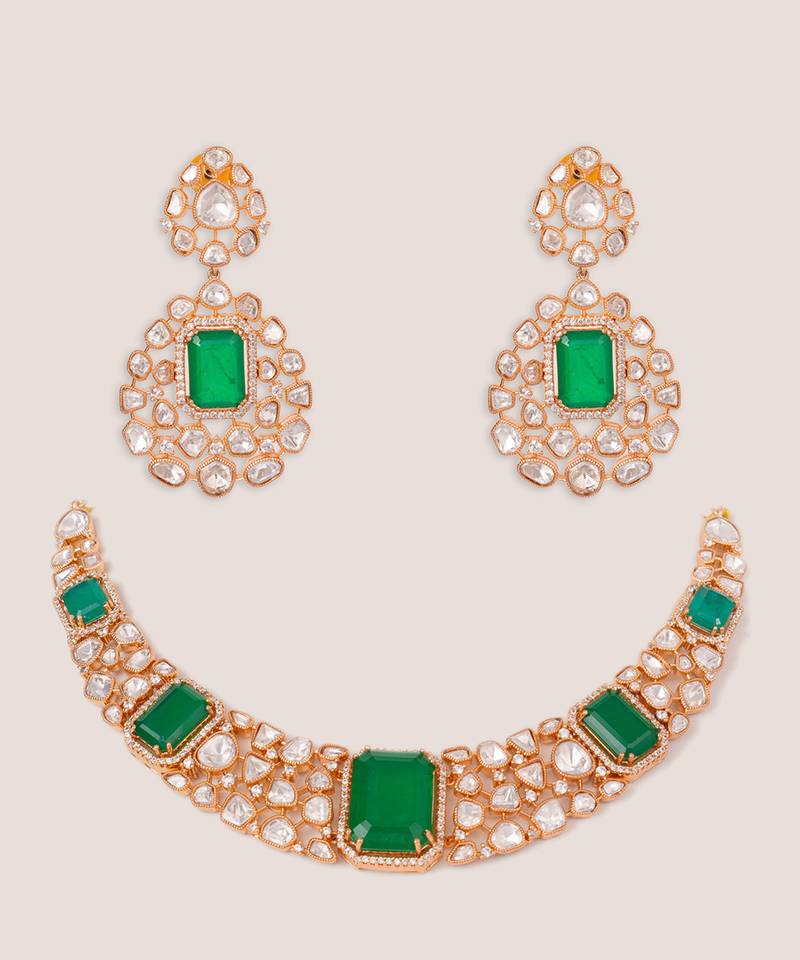 Gold plated kundan Green stones necklace set