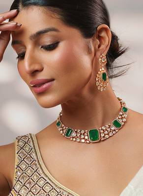 Gold plated kundan Green stones necklace set 2