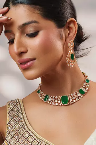 Gold plated kundan Green stones necklace set