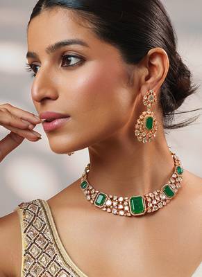 Gold plated kundan Green stones necklace set 3