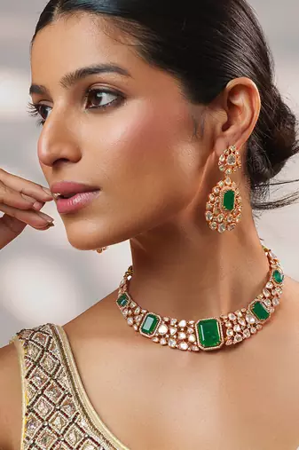 Gold plated kundan Green stones necklace set