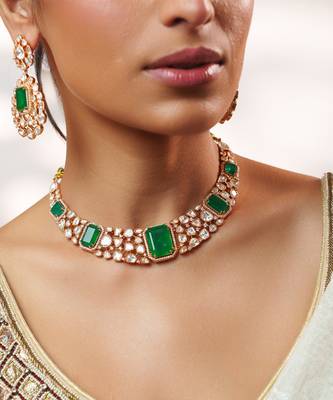 Gold plated kundan Green stones necklace set 4