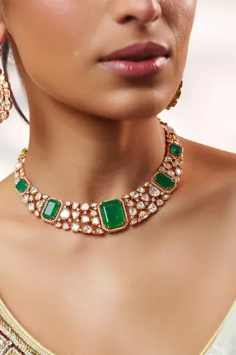 Gold plated kundan Green stones necklace set
