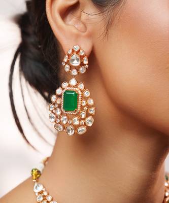 Gold plated kundan Green stones necklace set 5