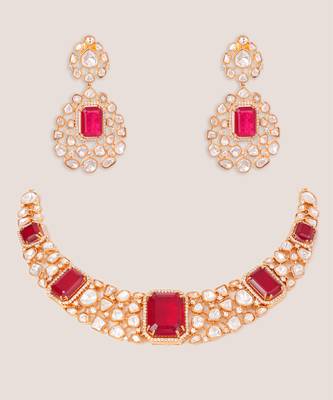 Gold plated kundan red stones necklace set 1