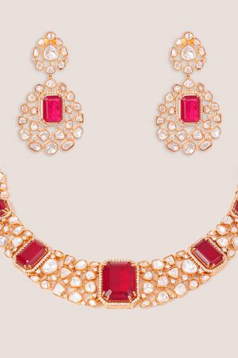 Gold plated kundan red stones necklace set