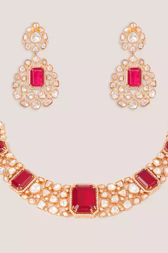 Gold plated kundan red stones necklace set