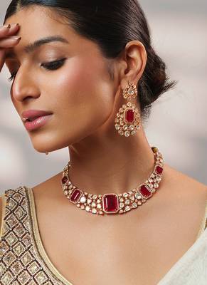 Gold plated kundan red stones necklace set 2