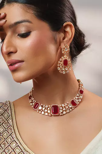Gold plated kundan red stones necklace set