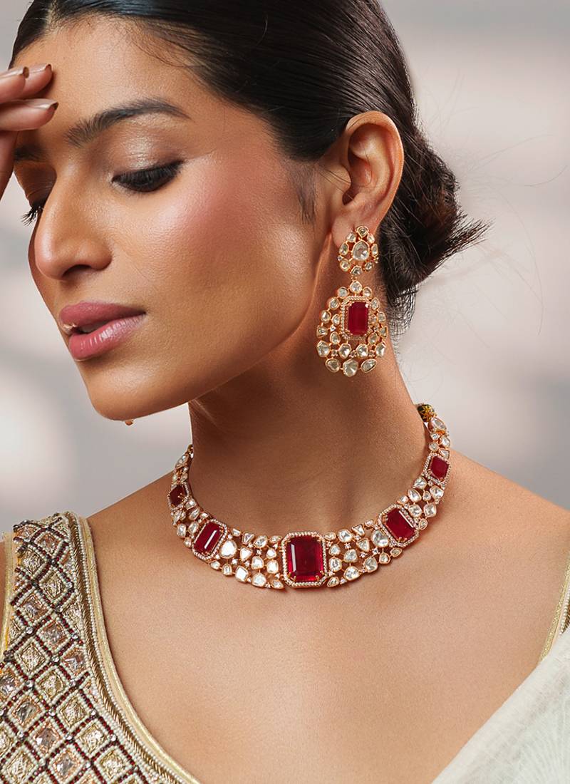 Gold plated kundan red stones necklace set